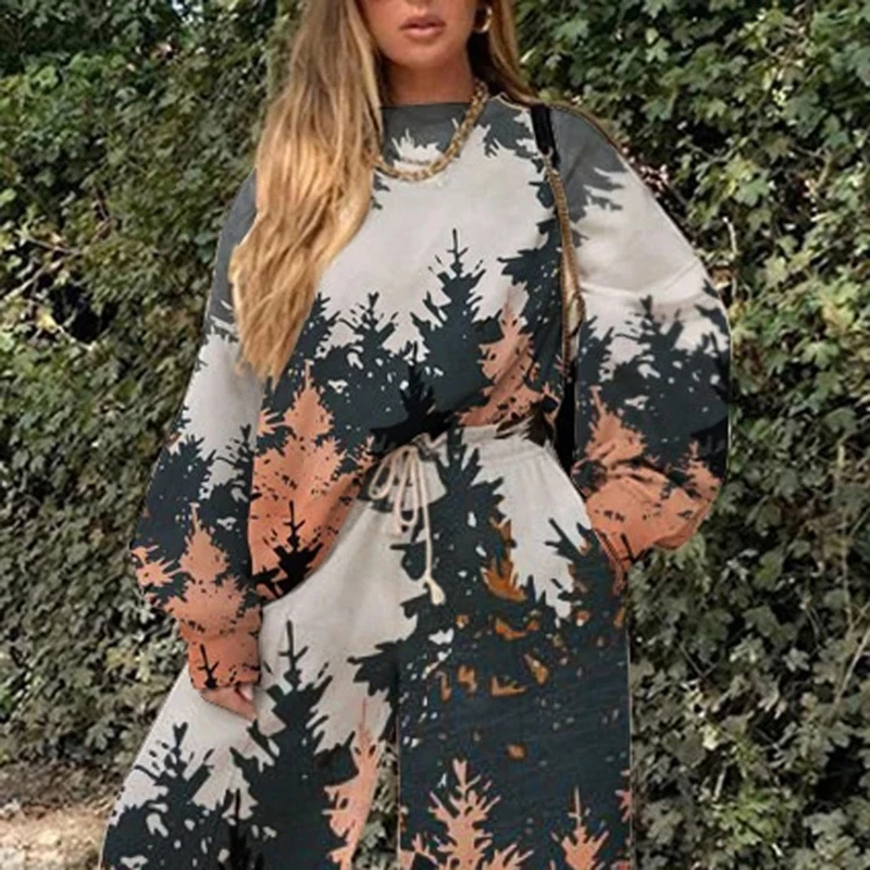 

VGH Spring Casual Two Piece Set For Women O Neck Long Sleeve Tops High Waist Pants Loose Print Suits Female 2021 Fashion New