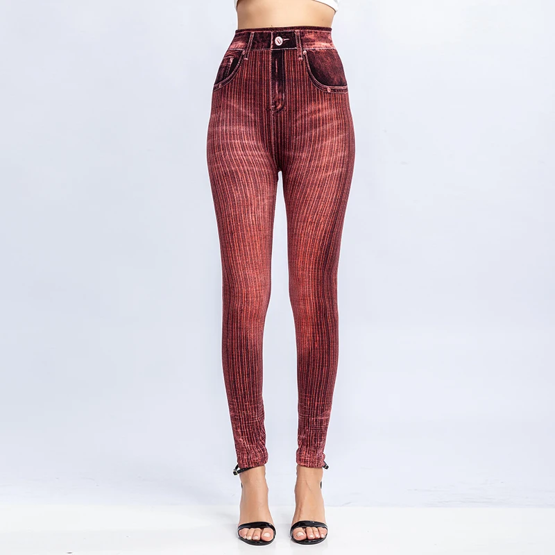 Пикантные имитация джинсов леггинсы женские стрейч с принтом короткие размера