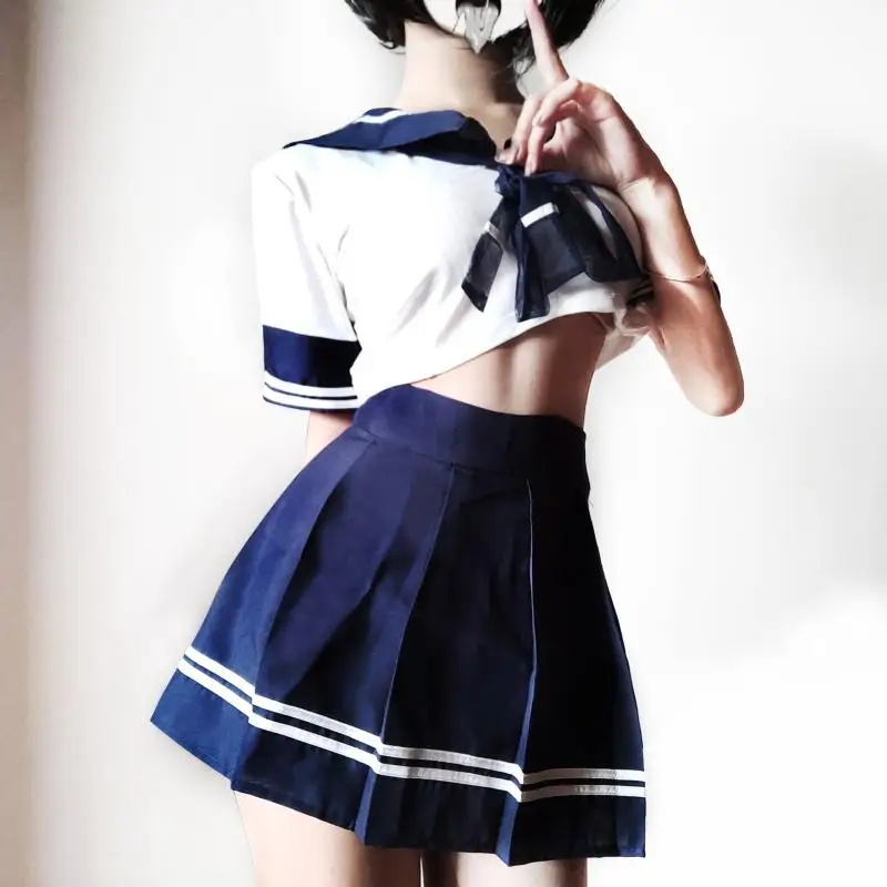 Темно синий укороченный топ с Боковым Разрезом плиссированная мини юбка косплей