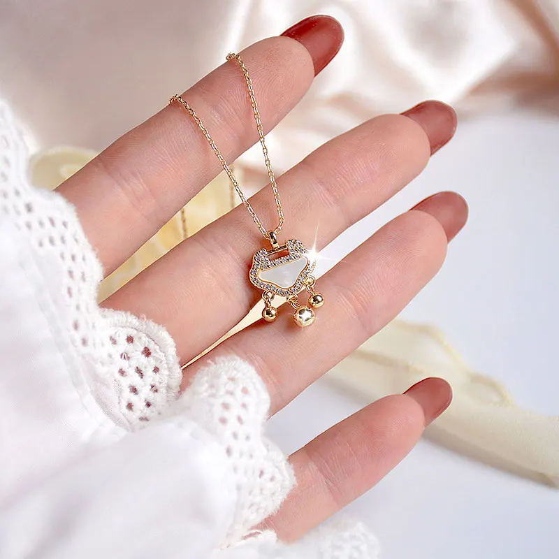 

14k Electroplated Real Gold Earrings Micro-Inlaid Fine Zircon Ping An Ruyi Lock Necklace Short Clavicle Chain Earrings Set Decor