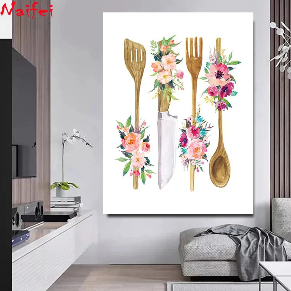 

5D Diy Diamond Painting Cross Stitch Kit Kitchen Wall Decoration Full Square Round Drill Diamond Inlaid Kitchen Utensils
