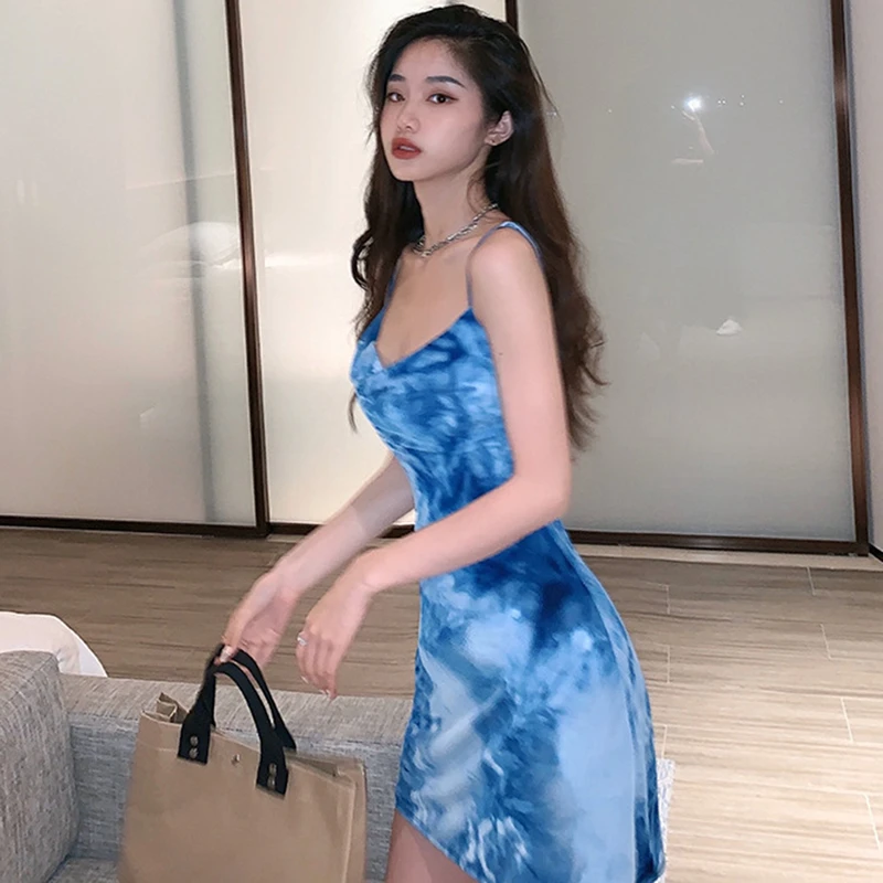 

2021 Tie Dye Printed Dress Y2K Women Frill Mini Straight Skirt High Waist Sexy Retro Party Outfits Streetwear Dress