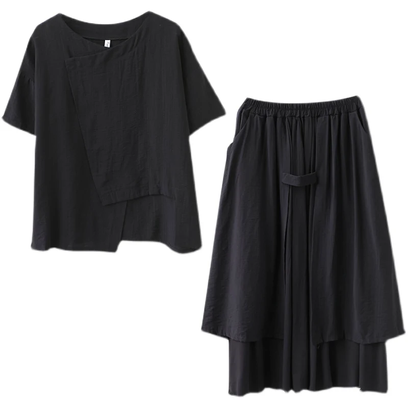

DIMANAF 2021 Summer Two Pieces Set Suit Women Vinatge Elegant Lady Tops Shirt Pleated Skirt Cotton Female Suit BlackOversize
