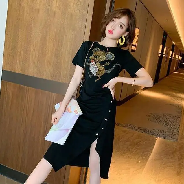 

New style waist round neck split black top grade Z Chinese style dress women's summer