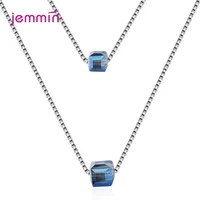 exquisite new fashion 925 sterling silver jewelry gradient square blue pink crystal temperament pendant double chain necklaces