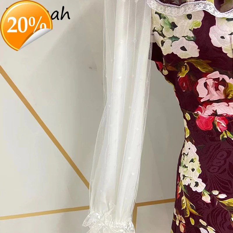 

New 2021 Summer Women Fashion Designer Party Short dress Rush lace Long arm Floral Print Ladies A-line clothes