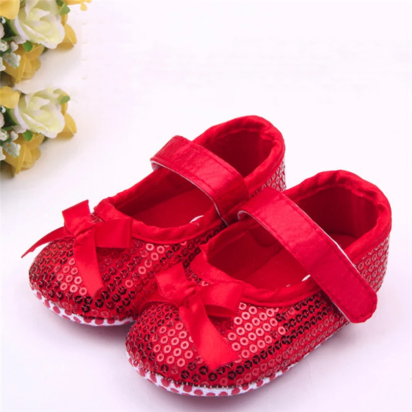 Легкие туфли с блестками и бантом для новорожденных девочек модные однотонные