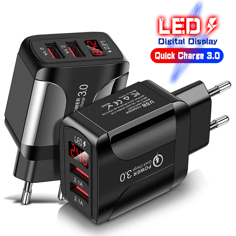 

18W Quick Charge USB Charger EU US UK Plug Adapter For iPhone 13 Xiaomi Samsung S20 Mobile Phone Charger Dual Port Fast Charging