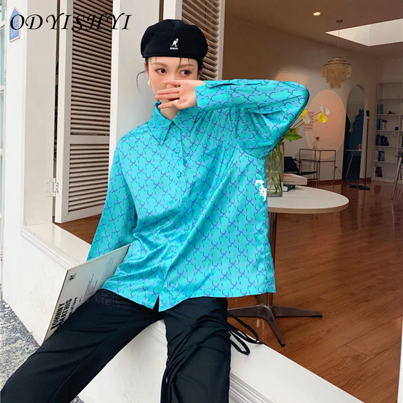 

Female Spring Autumn Blue Floral Print Loose Vintage Shirt Women High Street Designed Slim Blouses Ladies Brand New Tops ML94
