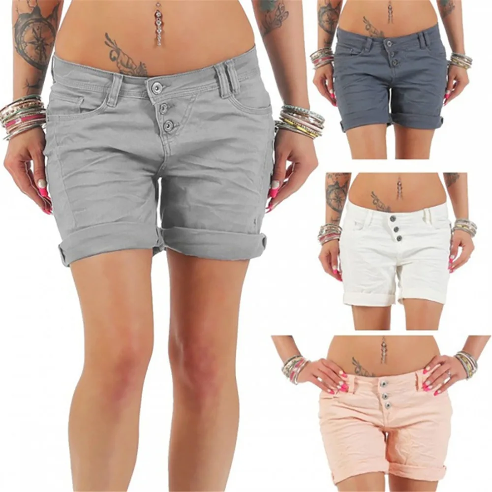 

Summer Mid Waist Short Women New Solid Color Casual Women Hot Short Front Buttoned Fly Slim Female Shorts
