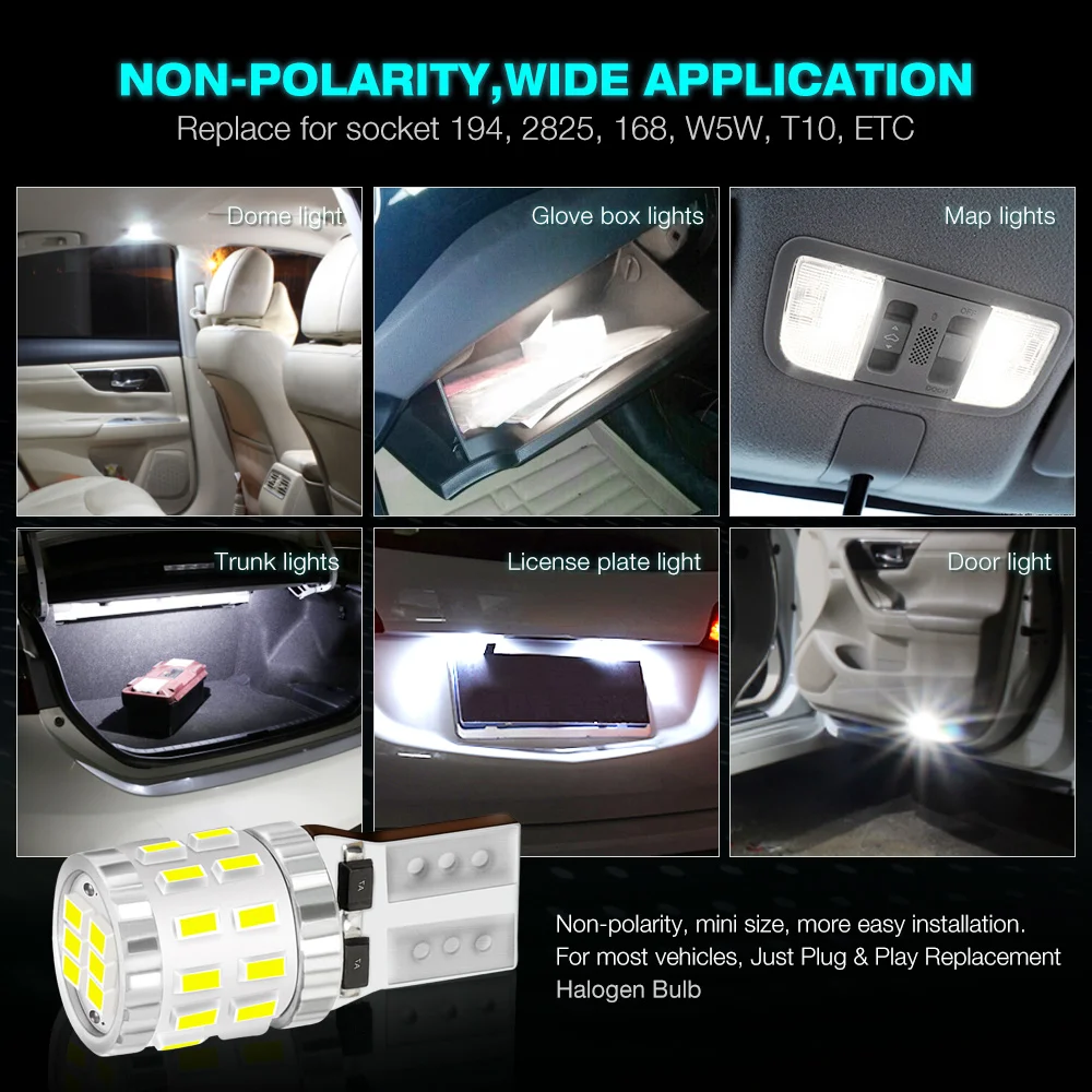 NOVSIGHT 10 шт. Авто T10 6500K светодиодный светильник для дома лампы для чтения W5W 300LM купол подсветки перчаточного ящика супер яркий 12/24V Подсветка регистрационного номера