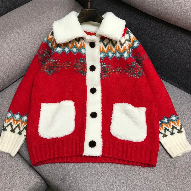 

Роскошный брендовый дизайнерский вязаный свитер для женщин, винтажный Красный Рождественский утепленный Свободный вязаный кардиган с отл...