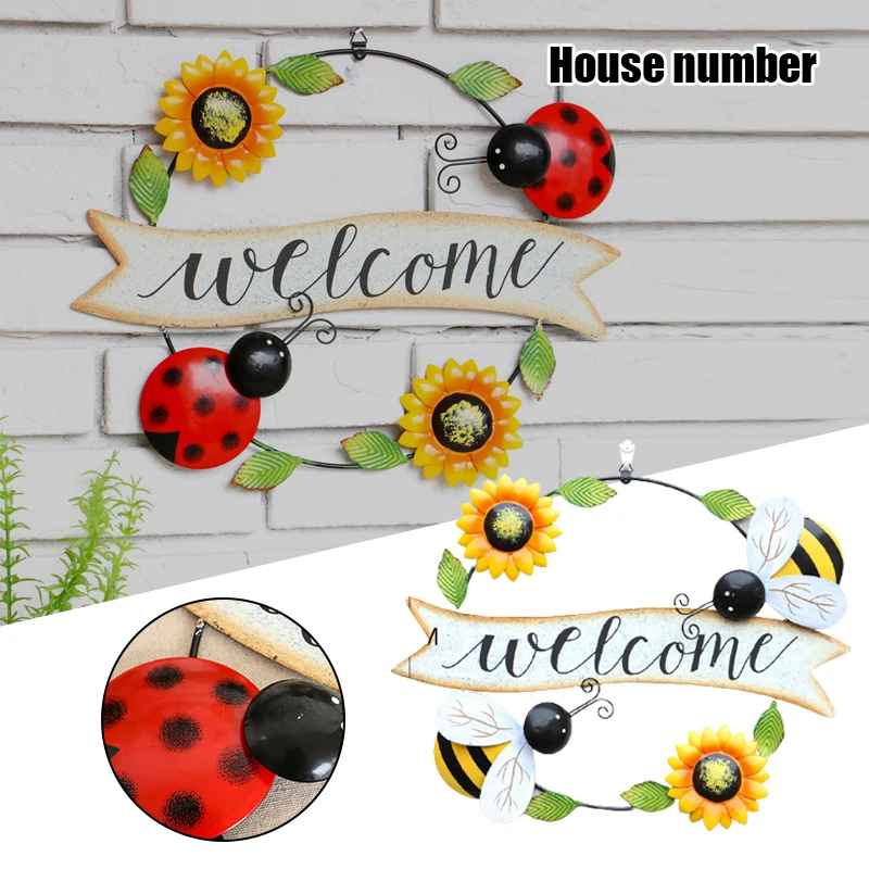 

Iron Hanging Ladybug Welcome Sign Decoration Bee Sun Flower Art Home Wall Decor Insect Hang On Tree Outdoor Spring Decor PW