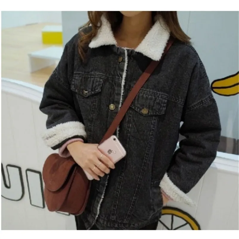 Новое модное зимнее женское пальто из овечьей шерсти джинсовое с карманами