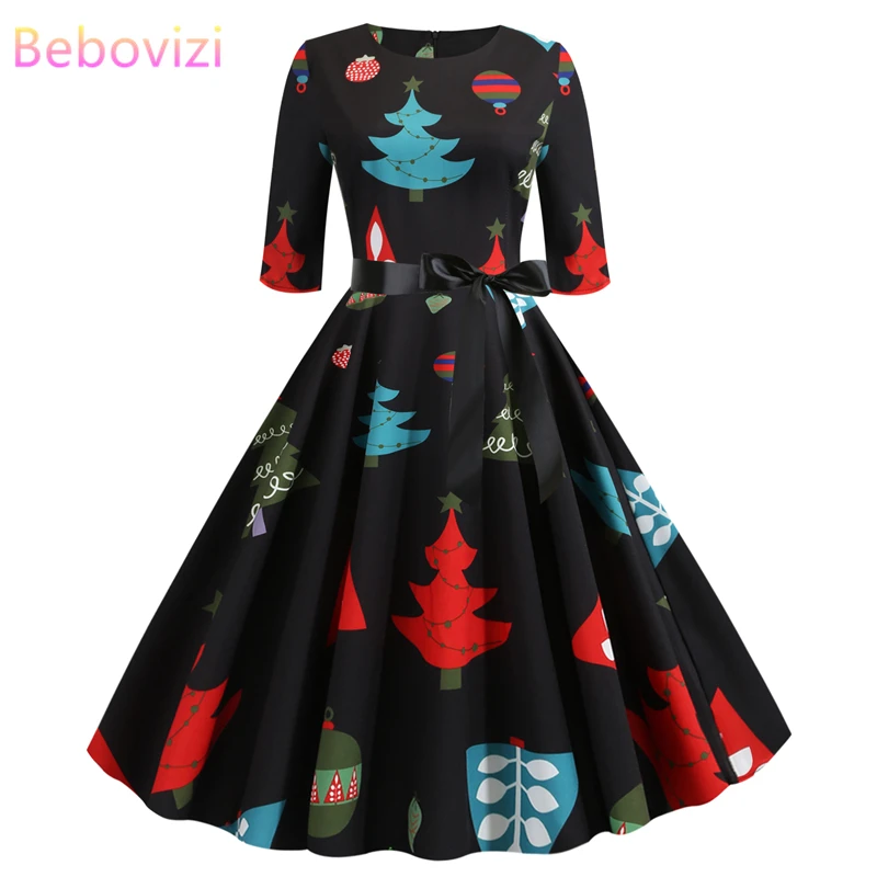 Bebovizi модные зимние платья для женщин 2019 и изображением новогодней елки черные
