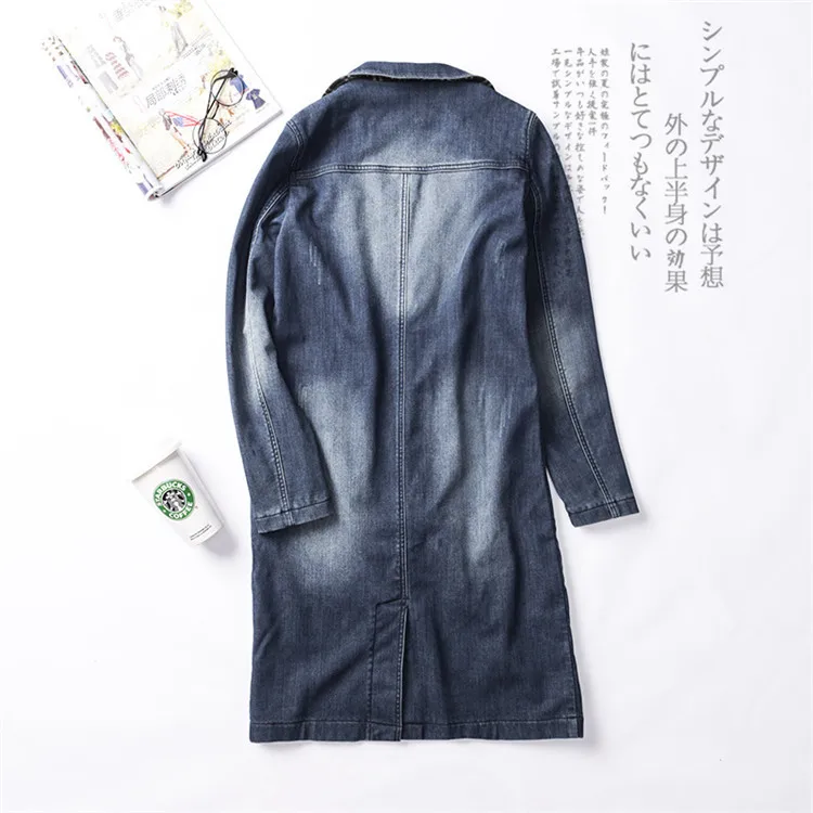 

high quality and winter mid long denim windbreaker plaid and plush inner lining single breasted turtleneck denim coat for women
