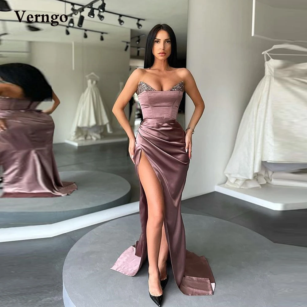 

Verngo Sexy Mermaid Evening Dresses Satin Sequin Neck High Slit Pleats Long Prom Gowns Modern Special Occasion Dress