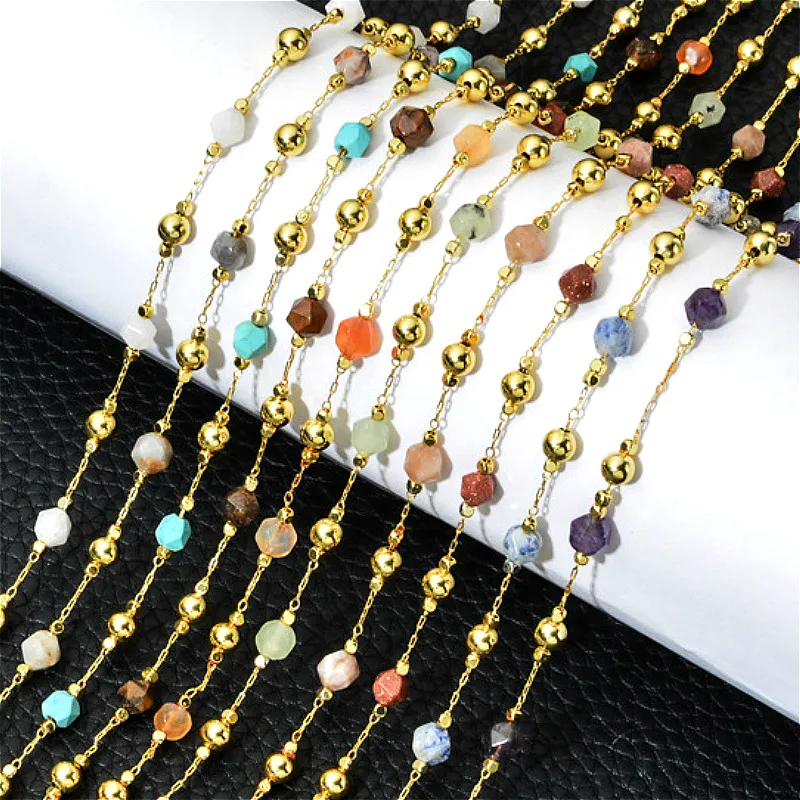 

Natural Stone Crystal Charms Jewelry Making Round Beads Golden Chain for DIY Women Anklet Bracelet Necklace Accessories Bohemian