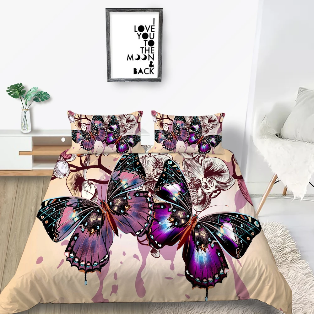 Butterflies Bedding Set Vintage Mysterious 3D Duvet Cover Flowers Queen King Twin Full Single Double Unique Design Bed |