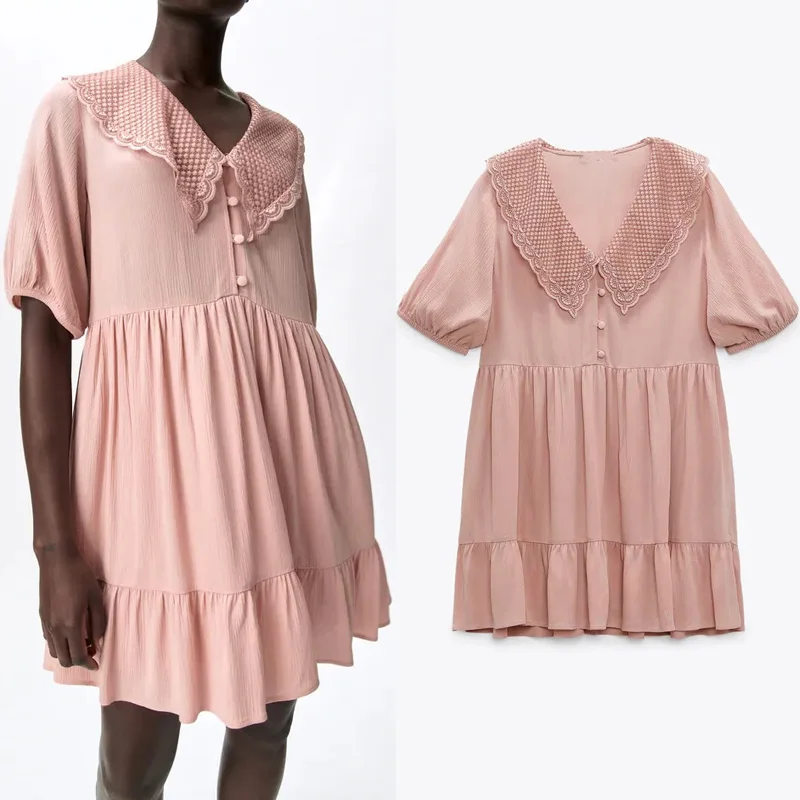 

Женское короткое платье с вышивкой Za, розовое повседневное мини-платье с коротким пышным рукавом и рюшами, лето 2021