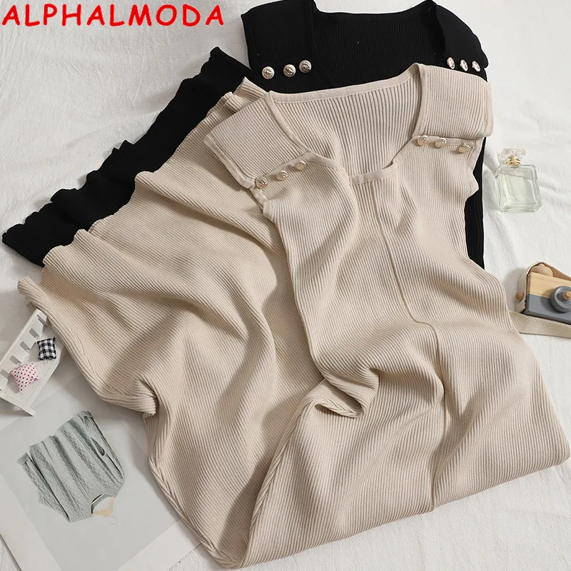 

Женское вязаное платье ALPHALMODA, пуловер без рукавов до середины икры, однотонное на пуговицах, тонкое элегантное на бретелях