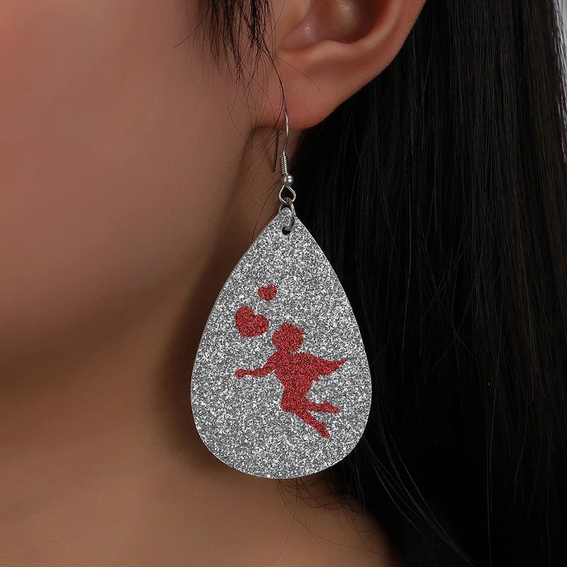 European and American Valentine's Day New Drop-shaped Silver Sequined Leather Earrings Creative Love Angel Jewelry Wholesale |