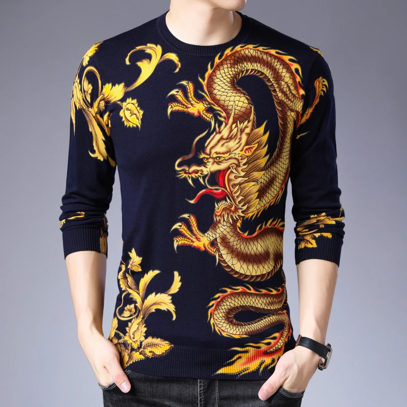 Autumn Sweater Men Jersey Clothing Black Gold Dragon Print Sweater Pullover For Men Casual Club Party Dj Clothing