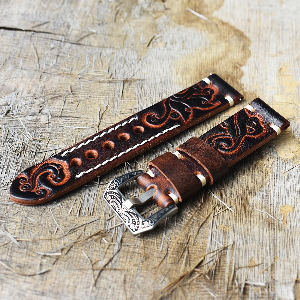 Vintage Watch Strap Carved Embossed Watch Band Handmade Watchband 22mm Carved Buckle Engraved Clasp for Watch Accessories