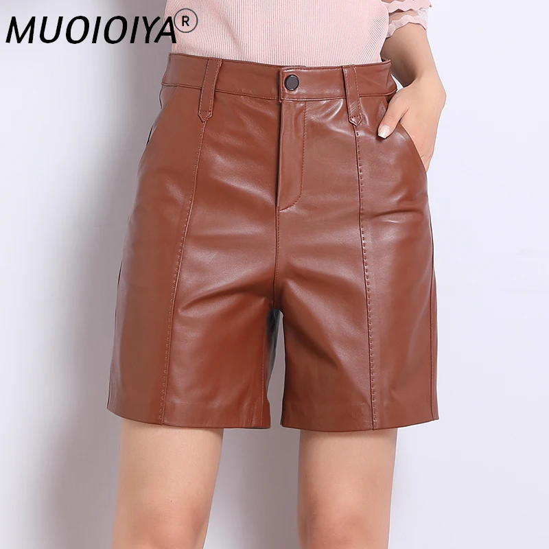 

Fashion Genuine Leather Shorts Women High Waist Trousers Female Black Brown Real Sheepskin Office Ladies Work Formal Plus Size
