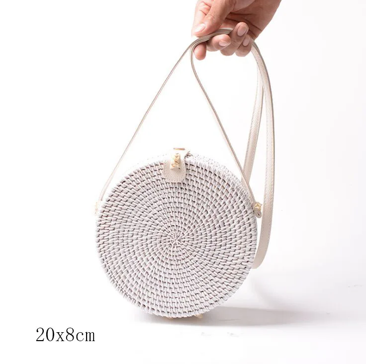 white B 20X8cm Солнечный пляж, ручные тканые сумки, круглая сумка с пряжкой, Ротанговые соломенные сумки, ранец, богемная пляжная круглая сумка - Цвет: white B 20X8cm