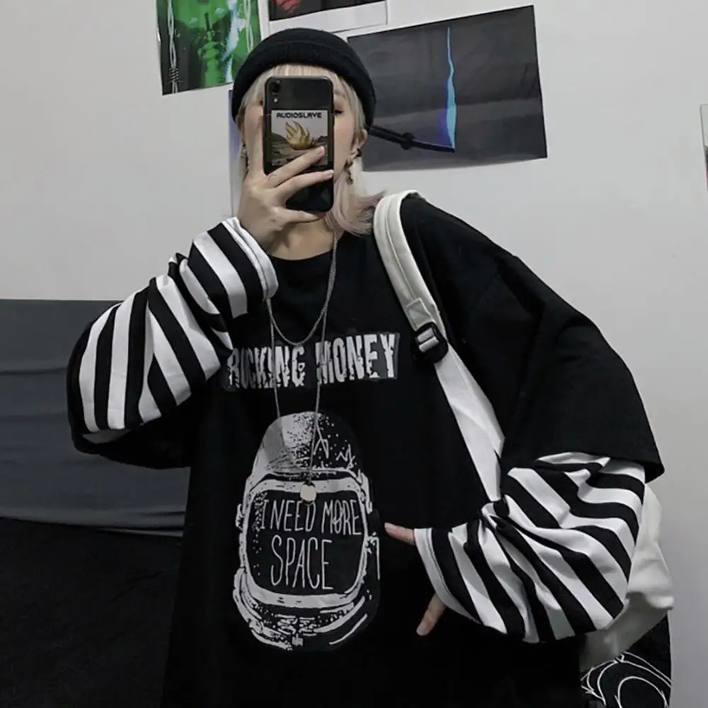 70% Hot Sell Women Stripes Patchwork Letters Print Blouse Fake Two Piece Oversized T-shirt