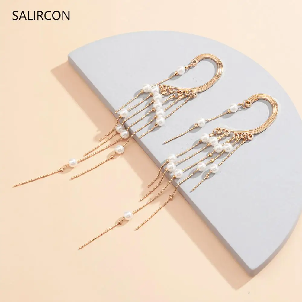 Клипсы Salircon на длинной цепочке с подвеской кисточкой и имитацией жемчуга женские