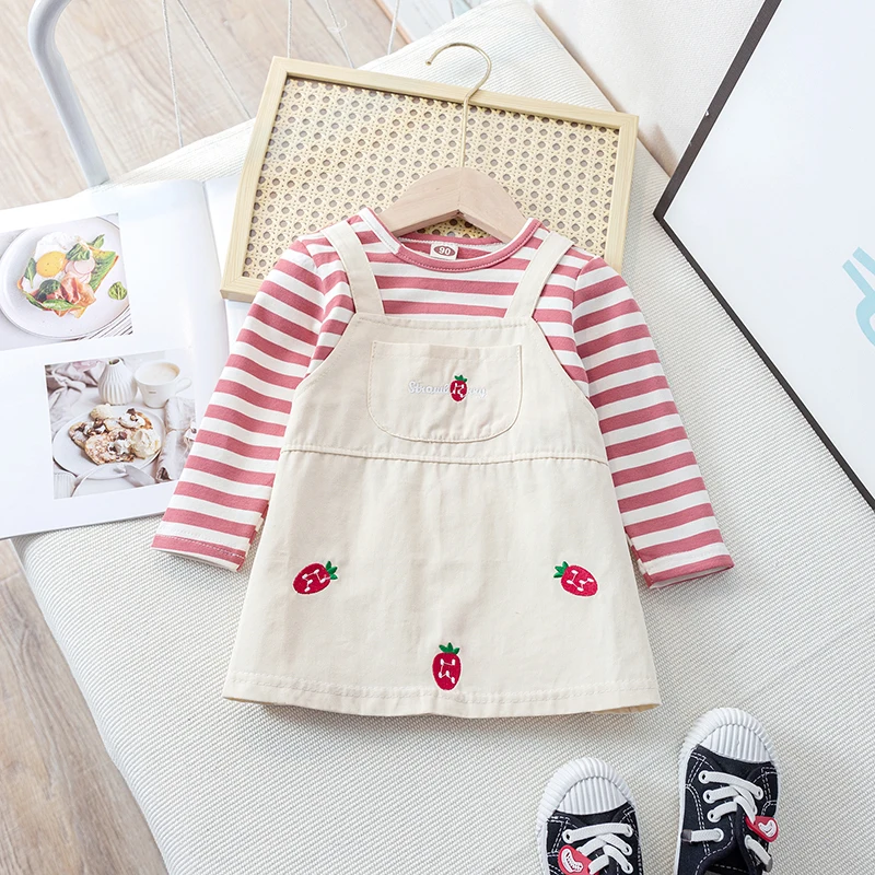 

Baby Girls Fake Two Striped Long Sleeve Dress 2022 Pocket Strawberry Print Korean Fashion Casual Toddler Infant Princess Clothes