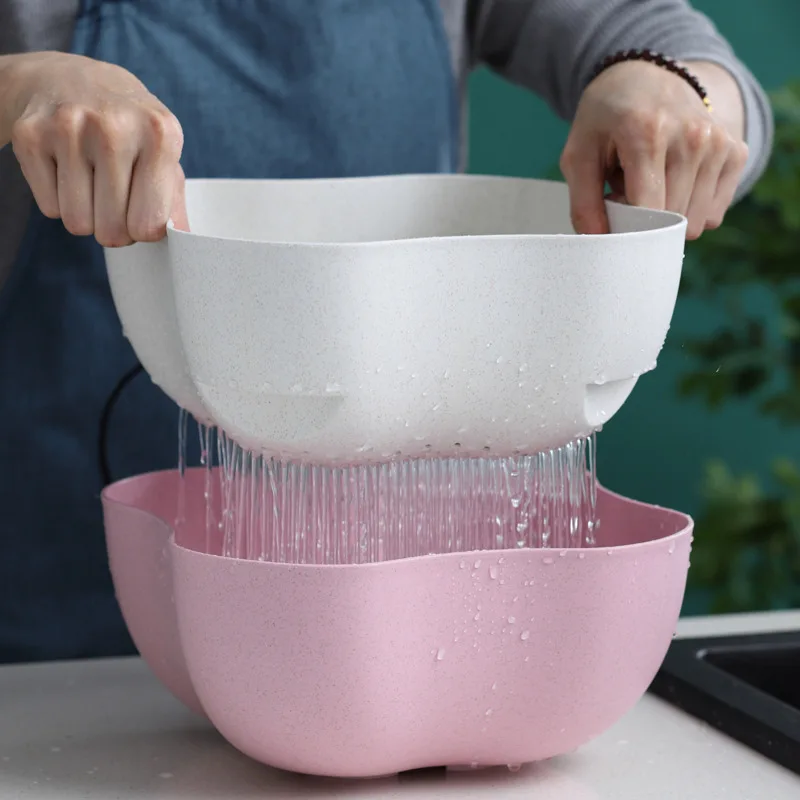 Double Drain Basket Bowl Washing Storage Strainers Bowls Drainer Vegetable Kitchen Colander Supplies | Дом и сад