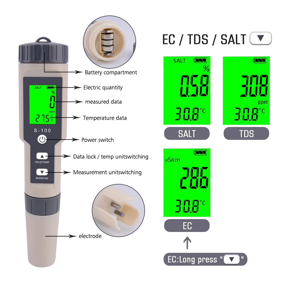 Yieryi 4 в 1 соль/EC/TDS/TEMP метр S-100 соль метр тестер солености водонепроницаемый соленомер датчик качества воды измерительный инструмент