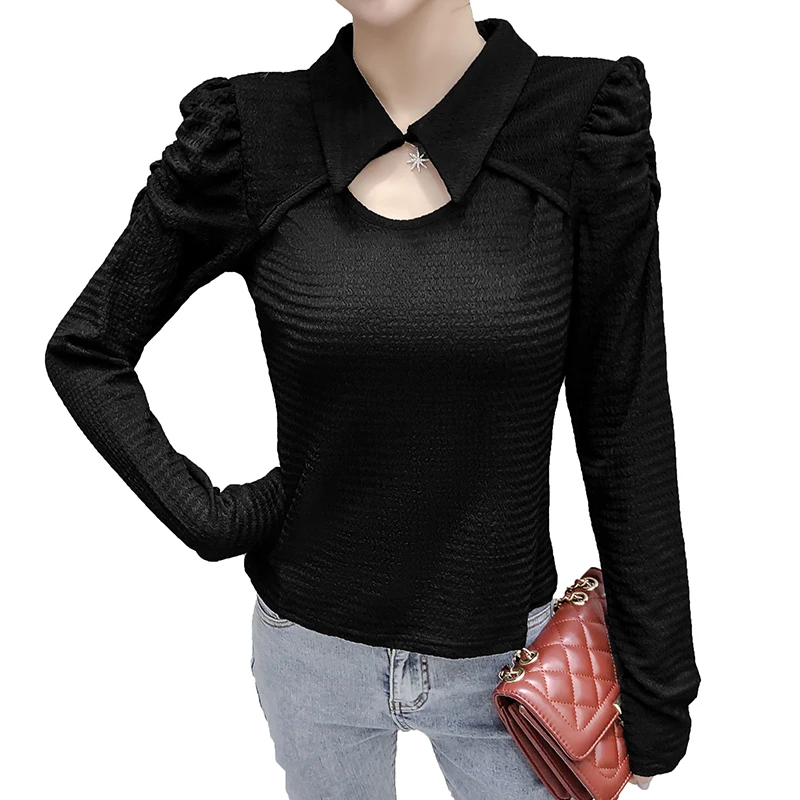 

2021 Women Autum Fashion Vintage Turn-down Collar Puff Sleeve Office Lady Slim Casual Shirts Sexy Solid Hollow Out Blouses