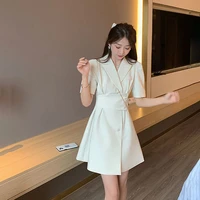 cgc 2021 summer suit woman dress casual short sleeve v neck korean style solid mini dress vintage female slim french dresses