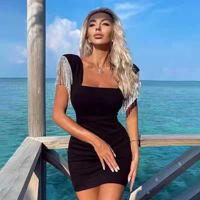 

Black Bodycon Dress Summer Women Fashion Diamond Tassel Sleeve Mini Dress 2022 Ladies Sexy Square Solid Color Club Party Dress
