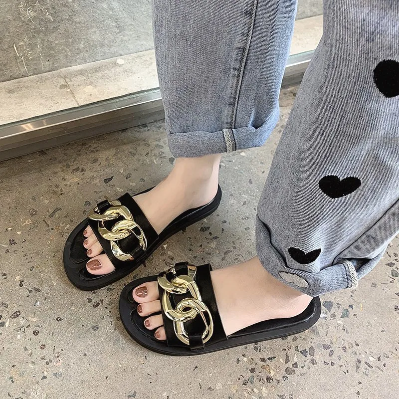 

Female Shoes Ladies' Slippers Summer Clogs Woman Luxury Slides 2021 Beach Flat Designer Soft Basic Concise Rubber Chain Fashion