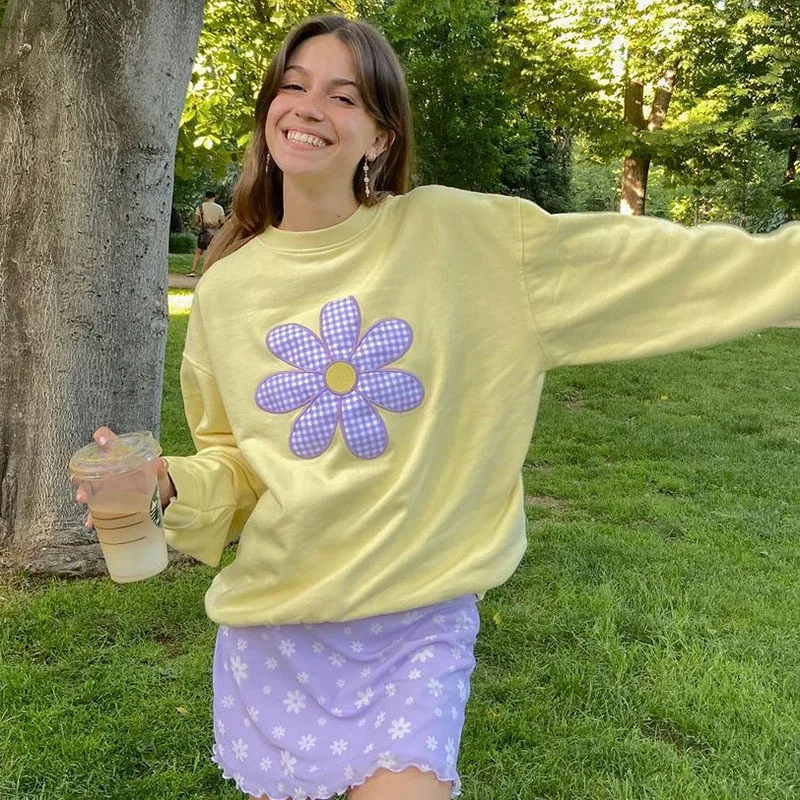 Aesthetic sweet daisy pattern oversized Hoodies y2k Kawaii winter streetwear long sleeve Casual yellow women sweetshirts tops