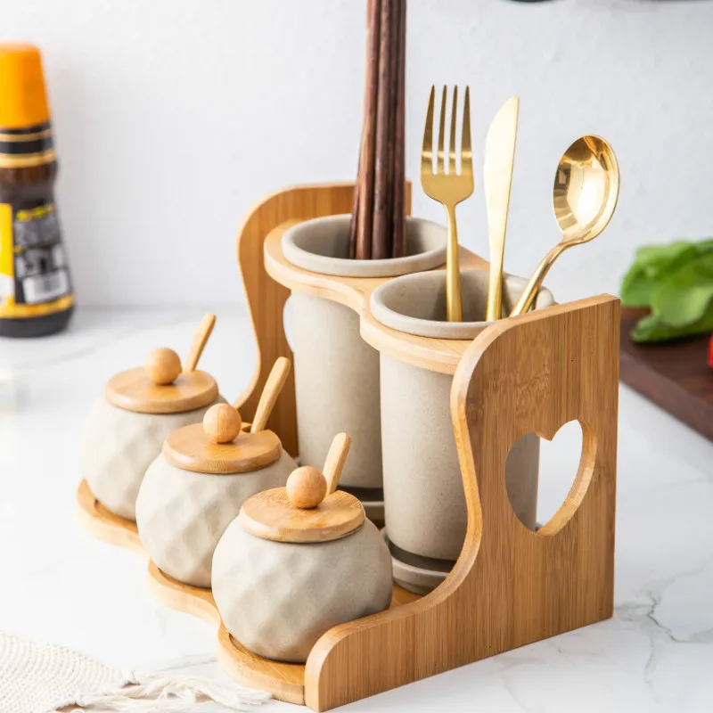 

Creative ceramic seasoning set home kitchen storage double bamboo wood chopsticks knife fork frame condiment tank YHJ021507