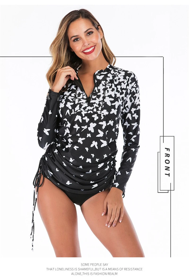 

Long Sleeves Rash Guard Women Floral Print Swimwear Zipper Two Piece Swimsuit Skirted Surfing Suit Pleated Diving Suit Beachwear