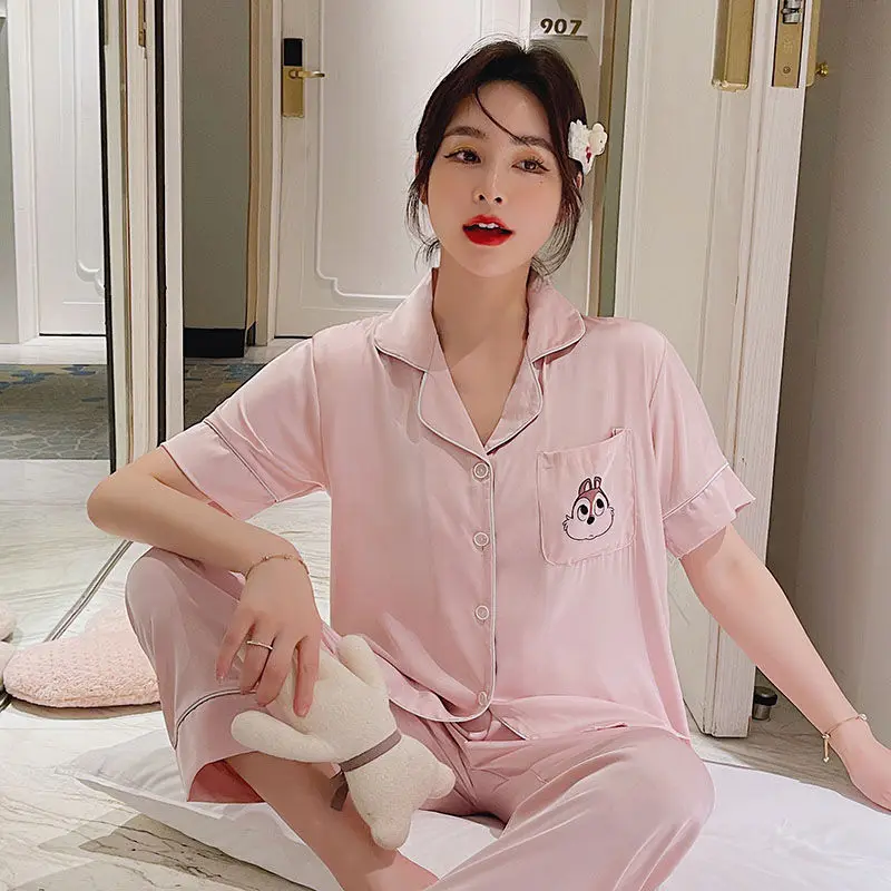 Women's pajamas ice silk summer short sleeve cartoon love calf cute and fresh home dress can be worn over the printed suit