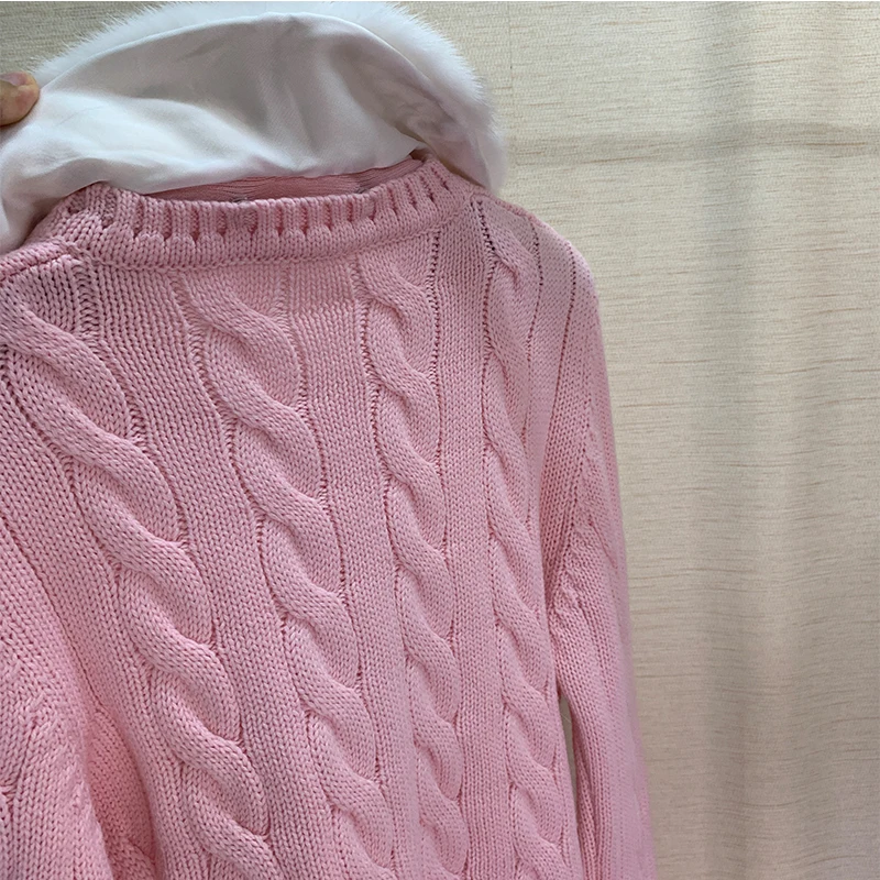 Белый норковый меховой воротник твист свитера Soild с длинным рукавом Femme