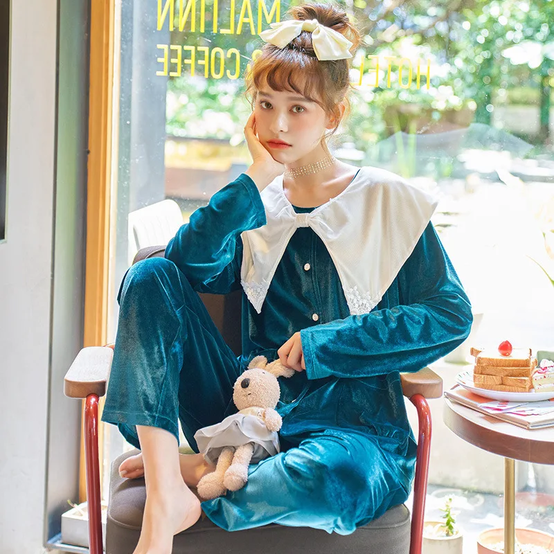 

Spring and Autumn Long-sleeved Ladies Pajamas Casual Korean Cardigan Female Korean Gold Velvet Winter Thin Suit Homewear 2020