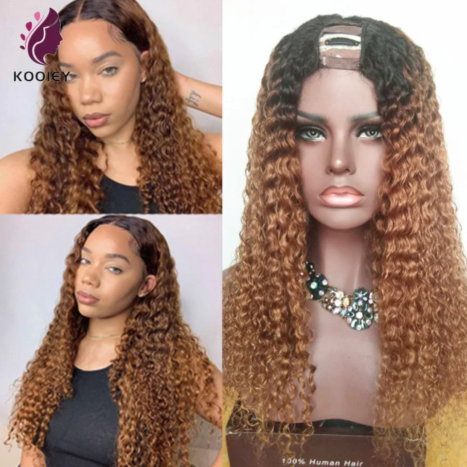 

Ombre Brown Curly U Part Human Hair Wig T#1b/30 Brazilian Remy Human Hair Upart Wig Water Wave Curly Middle Part U Shape Wig