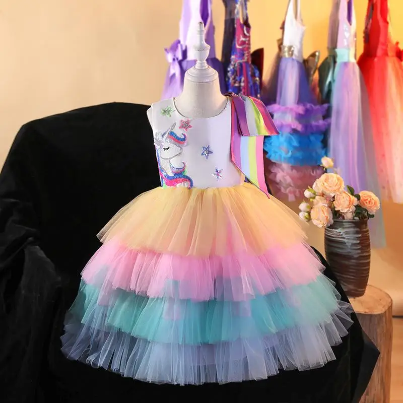 

Flower Girls Unicorn Tutu Dress Baby Rainbow Princess Gown Kids Birthday Party Layered Dresses Children Performance Clothes