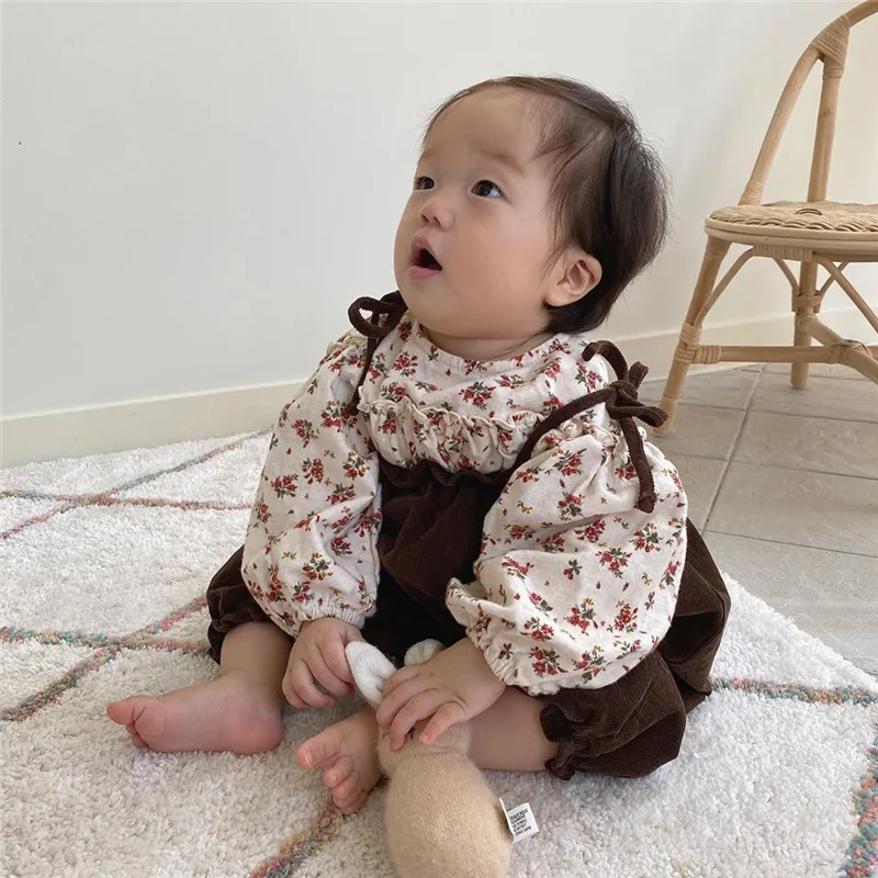 

MILANCEL 2021 Spring New Baby Clothes Floral Long Sleeve Blouse Corduroy Overall 2 Pcs Suit