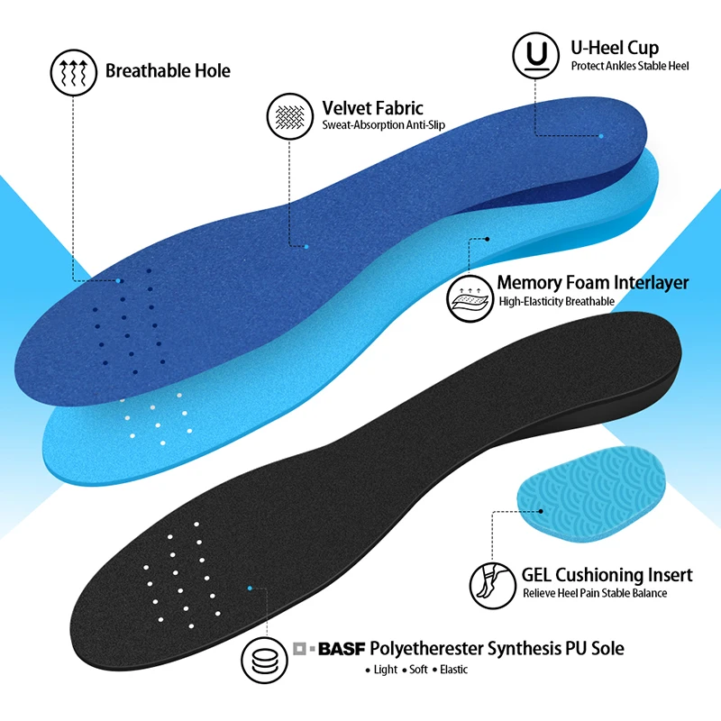 BANGNI PU Working Insoles Memory Foam Sports Shoes Pad Arch Support Sole Plantar Fasciitis Heel Running for Man Feet GEL Inserts