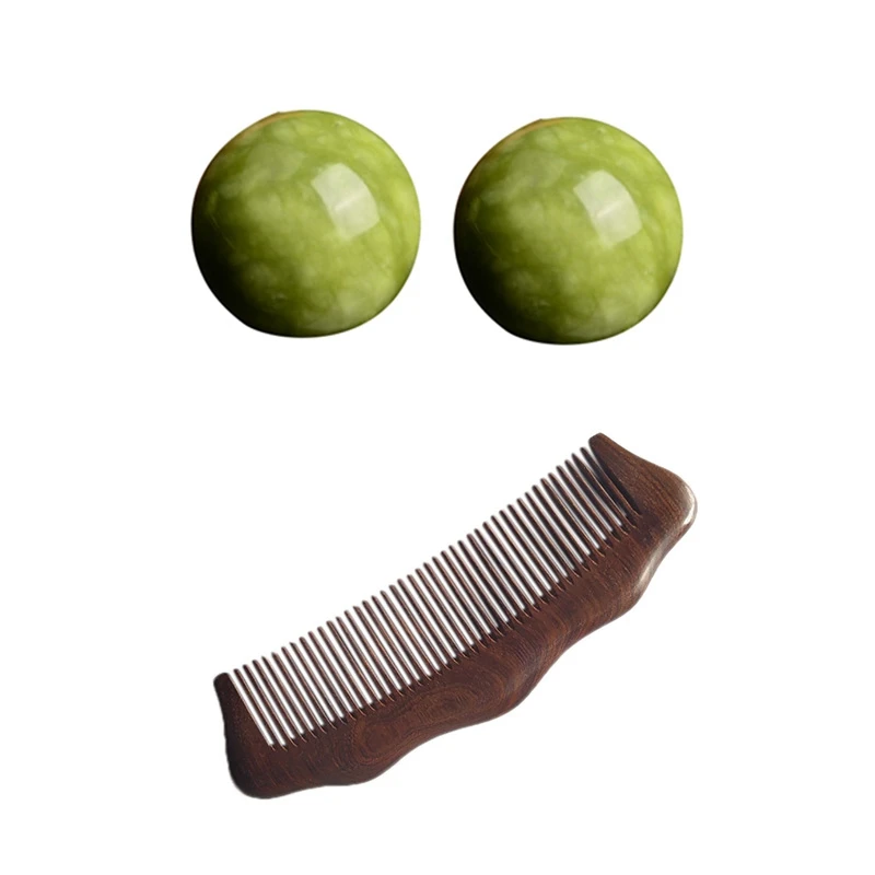 

HAEGER 2Pcs Marble Jade Baoding Chinese Health Stress Exercise Balls & 1 Pcs Anti-Static Comb Sandalwood Combs Solid Wood Comb
